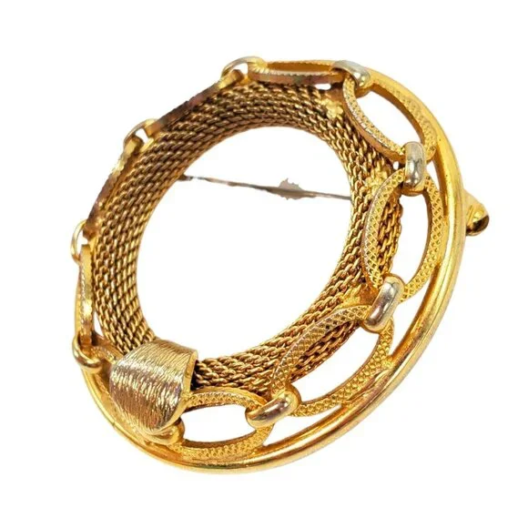 Vtg Round Mesh Chain Brooch Pin Gold Tone Nautical Circle Wreath Statement 2-1/8 - Picture 4 of 7